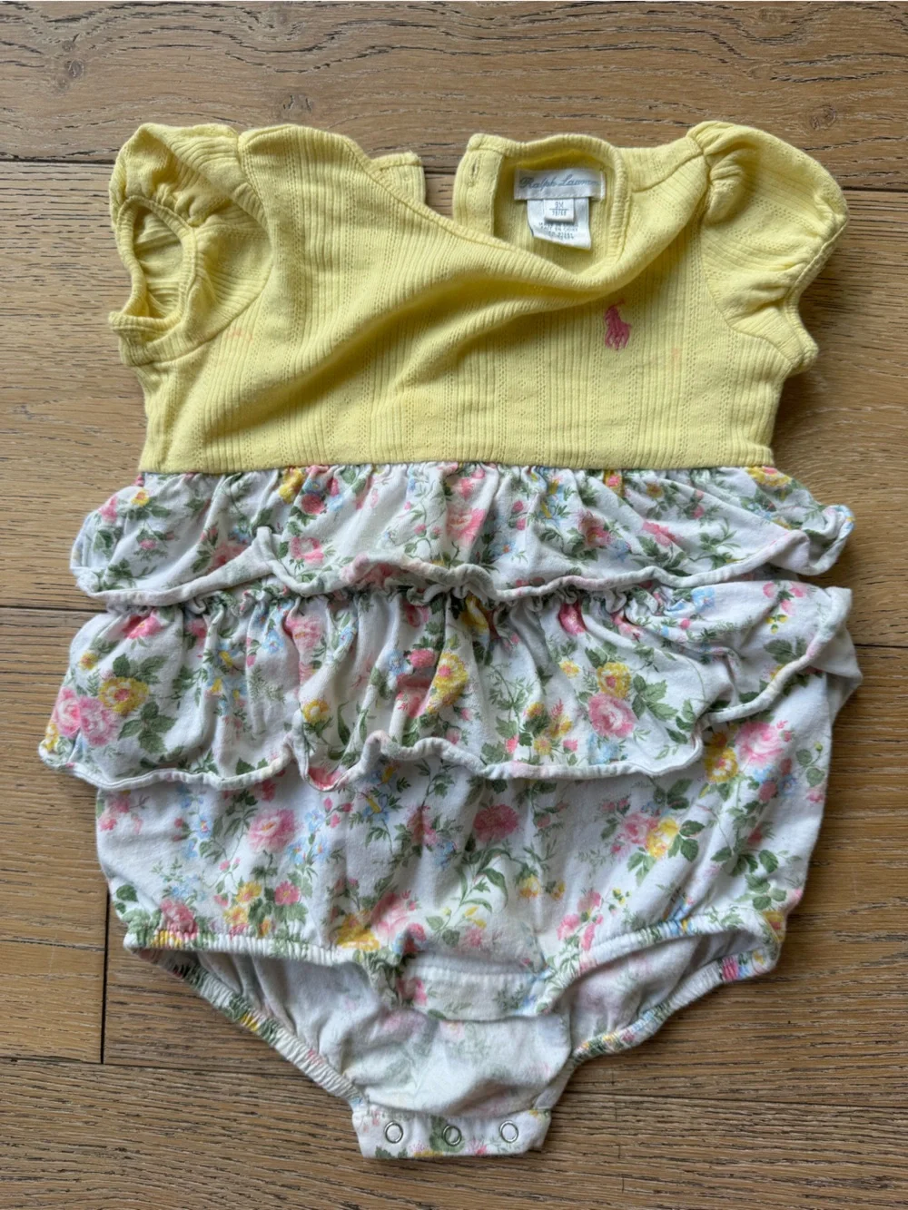 Ralph Lauren Yellow Knit Bodice Floral Ruffle Baby Romper